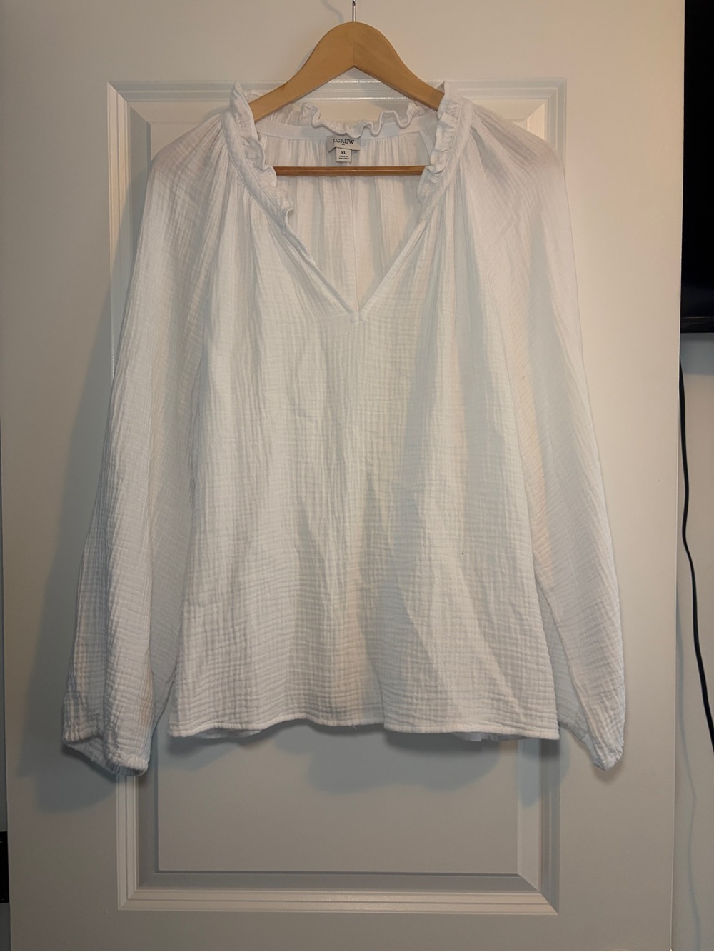 J. Crew | White Textured 100% Cotton Gauze Peasant Blouse with Ruffled Collar